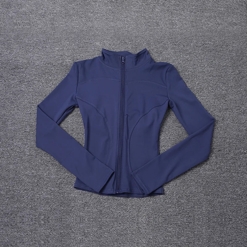 Navy blue long sleeve polyester sport jacket with a fitted design for gym training and yoga workouts.