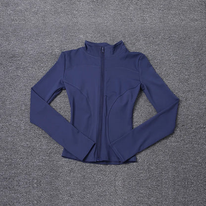 Navy blue long sleeve polyester sport jacket with a fitted design for gym training and yoga workouts.