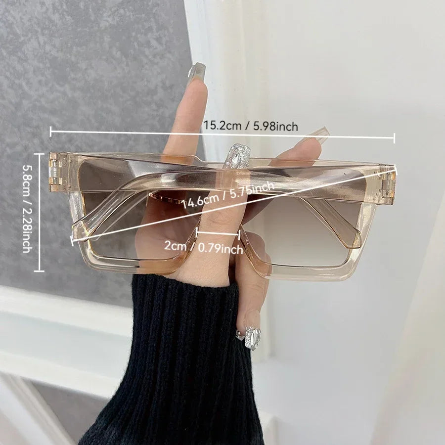 Sunglasses oversized square gradient lenses with dimensional measurements overlay
