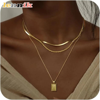 LENNIK European Layered Necklace - Brass Gold Plated Choker Chain Jewelry