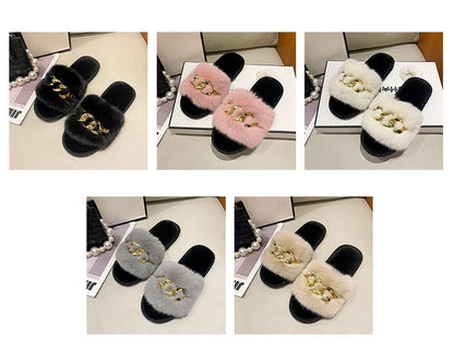 Plush Slippers for Women with Chain Detail and Cushioned Sole