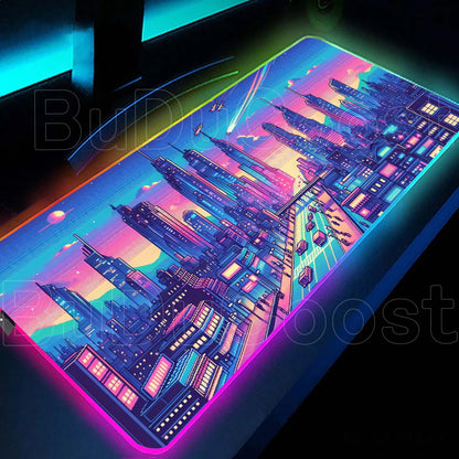 Large RGB LED gaming desk mat with city sunset print