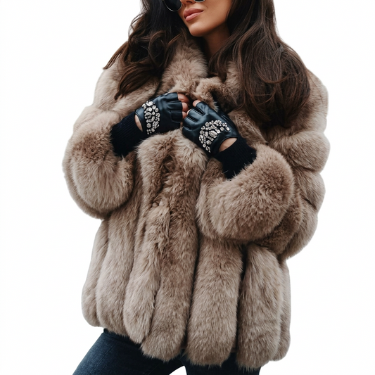 Woman wearing a plush tan faux fur coat, dark gloves, and carrying a black handbag outdoors.