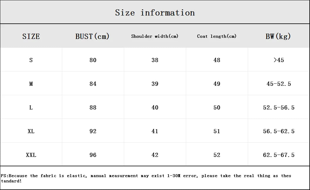 Black and white size chart for a stretchy, fitted women’s training top showing bust, shoulder, and length measurements.