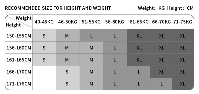 Size chart with gray scale rows for sculpting knit compression leggings to help find your fitted clothing size.