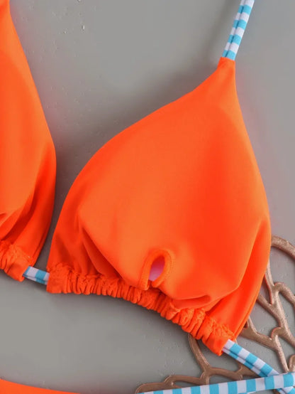 Women's Triangle Lace-Up Bikini Set with Adjustable Straps and Thong Bottom