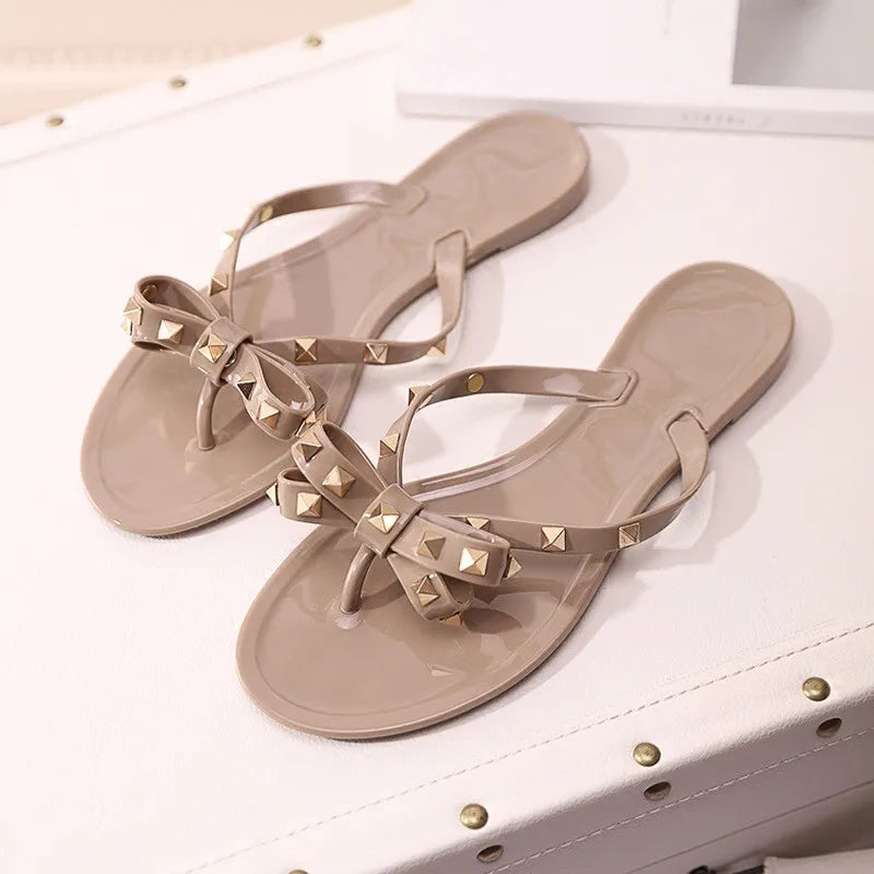 Studded Flat Bot Thong Slippers Holiday Beach Sandals Women's Jelly Slip-On oes Comfortable Casual PVC Footwear