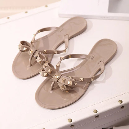 Studded Flat Bot Thong Slippers Holiday Beach Sandals Women's Jelly Slip-On oes Comfortable Casual PVC Footwear