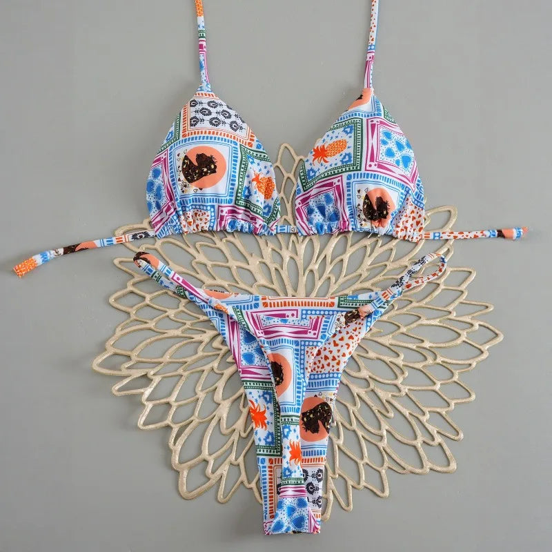 Women's Triangle Lace-Up Bikini Set with Adjustable Straps and Thong Bottom