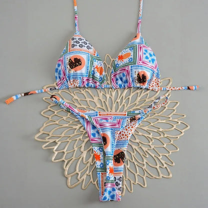 Women's Triangle Lace-Up Bikini Set with Adjustable Straps and Thong Bottom