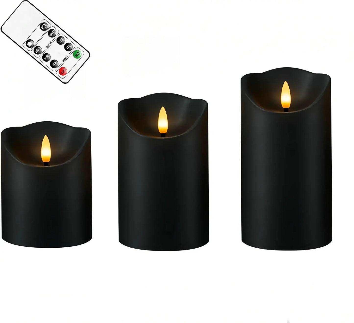 Black 3D Wick Flameless LED Pillar Candles with Remote and Timer