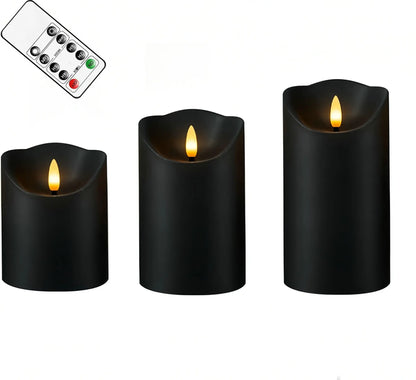Black 3D Wick Flameless LED Pillar Candles with Remote and Timer