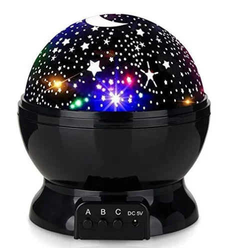 Black plastic spherical LED galaxy projector with rotating star and moon patterns for bedroom decor.