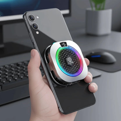 Silver mobile phone cooler with RGB LED lights, AI temperature display, and high-power fan for gaming.