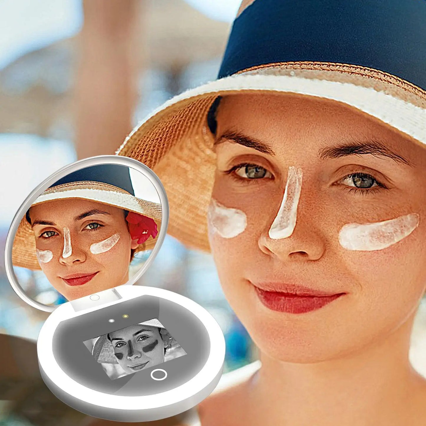 UV Mirror Sunscreen Testing Camera With Light 2X Magnification Travel Makeup Pocket Size UV Smart Sunscreen Makeup Mirror