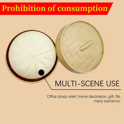White silicone dumpling fidget toy in a woven bamboo steamer for office stress relief and sensory play.