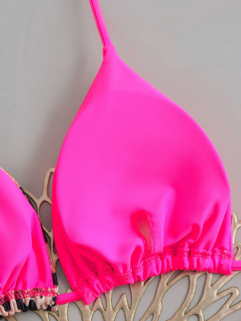 Women's Triangle Lace-Up Bikini Set with Adjustable Straps and Thong Bottom