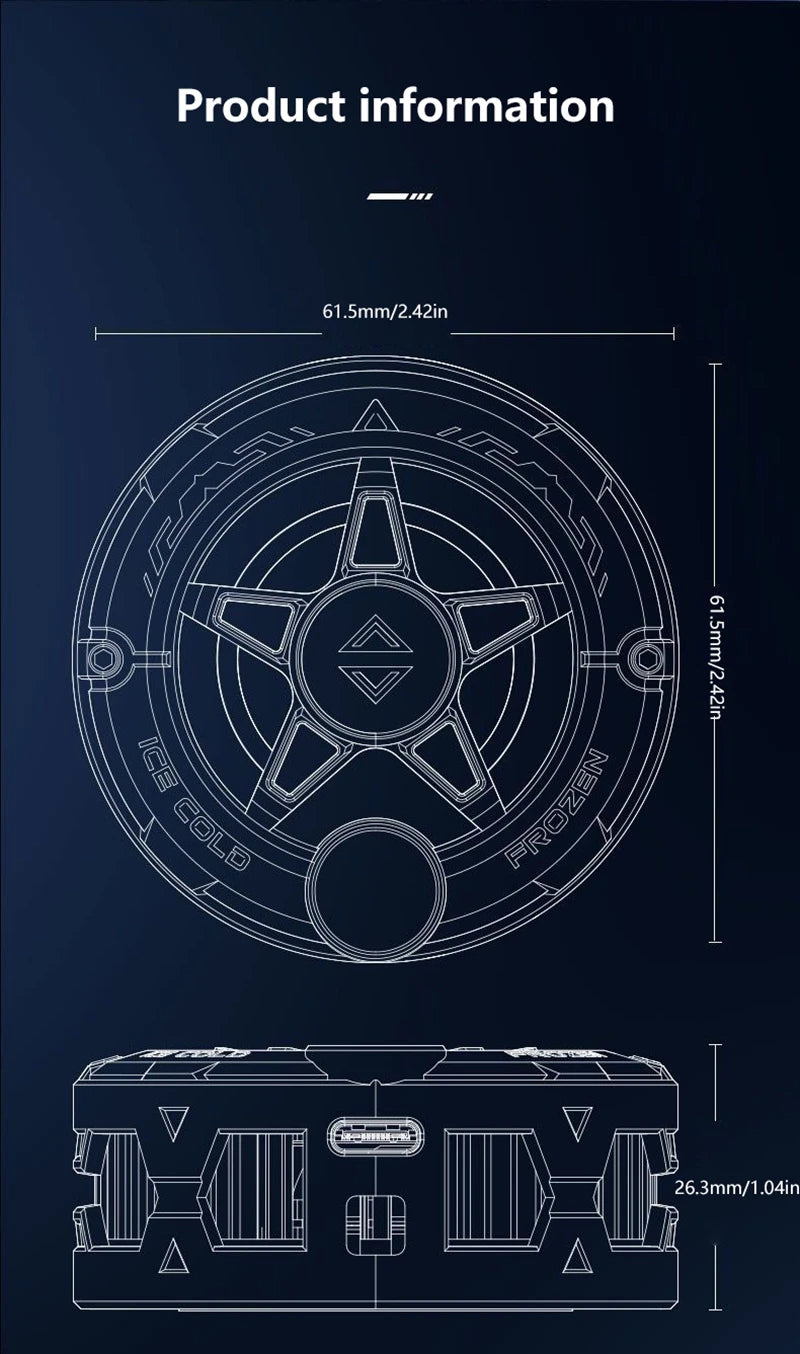 White line art of a round magnetic phone cooler with a star design and digital display for mobile gaming heat reduction.