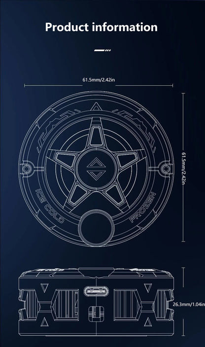 White line art of a round magnetic phone cooler with a star design and digital display for mobile gaming heat reduction.