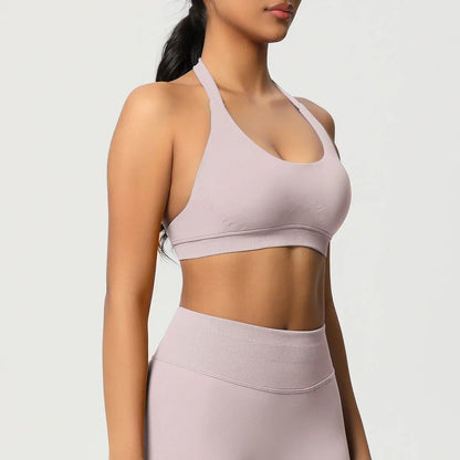 Women’s Seamless Halter Backless Push-Up Sports Bra Cotton-Poly For Gym Running