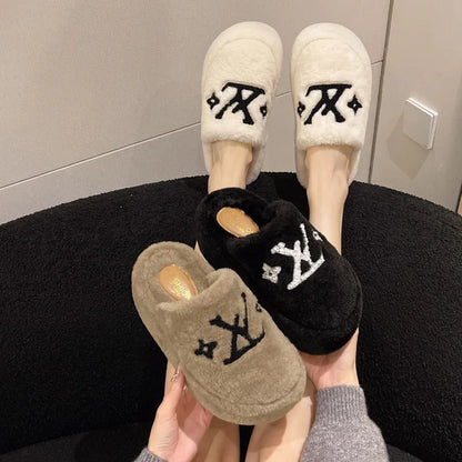 Warm Slippers for Women Indoor Non Slip Plush Traction Rubber Sole With Wedge Heel