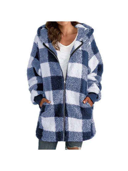 Plush women's coat 2026 long sleeve plaid hooded zipper loose coat with pocket coat women