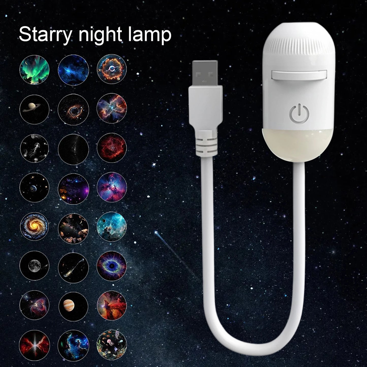 White portable LED galaxy star projector with a flexible cable and nebula ceiling projection for bedroom lighting.