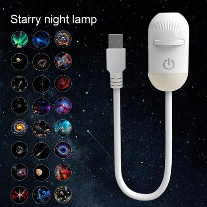 White portable LED galaxy star projector with a flexible cable and nebula ceiling projection for bedroom lighting.