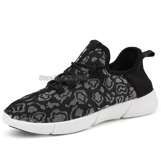 Black and gray leopard print sneaker with white sole