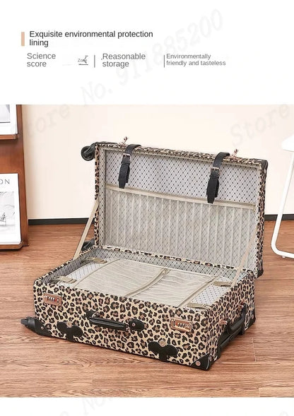 Trendy Retro Luggage Women's Roller Trunk Leopard Print Leather Suitcase 20" Boarding Box Set Waterproof Password Suitcase
