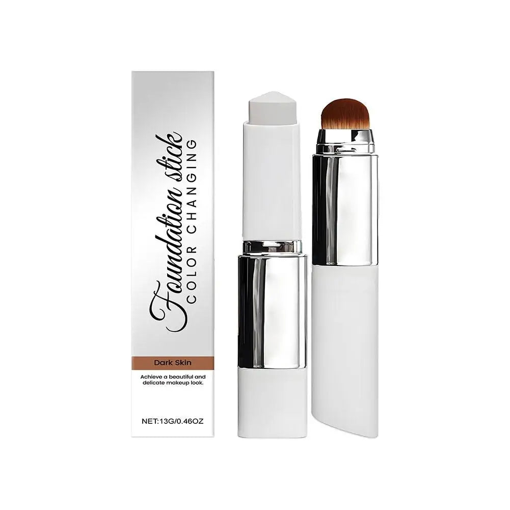 Foundation stick with built-in blending brush and color-changing formula beside packaging box