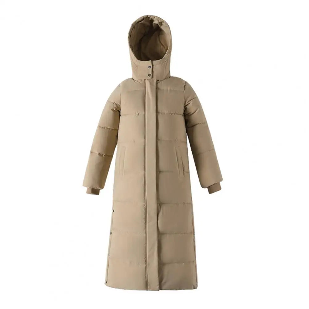 Women's long hooded coat with zip closure and side slits