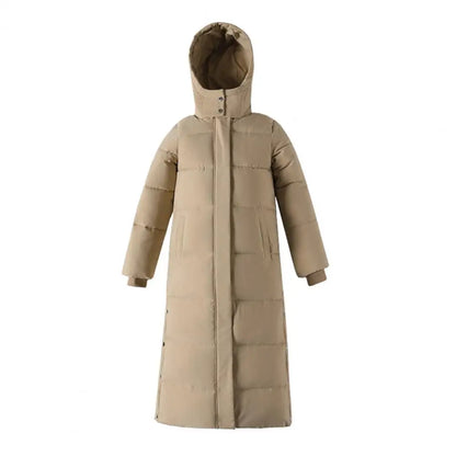 Women's long hooded coat with zip closure and side slits