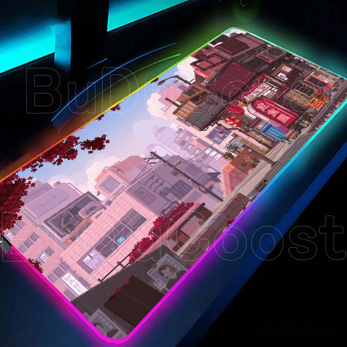 Large RGB LED gaming desk mat with city sunset print