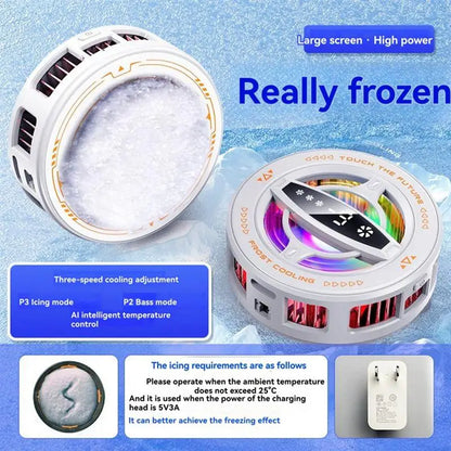 White magnetic phone cooling fan with RGB LED lights for temperature control during mobile gaming and streaming.