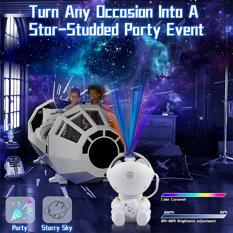 White astronaut-shaped LED star projector with adjustable brightness for a bedroom galaxy effect.