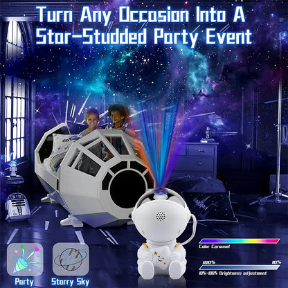 White astronaut-shaped LED star projector with adjustable brightness for a bedroom galaxy effect.