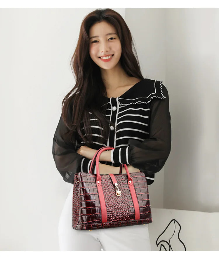 Crocodile-pattern handbag set with shoulder bags