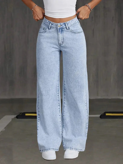 Stretchy Denim Wide Leg Pants with Pockets and Subtle Distressing for Everyday Ease