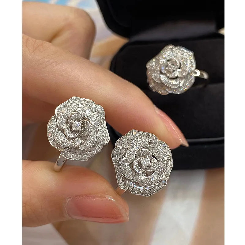 Lab-Grown Ring with Emerald-Cut Diamond Flower Core in Sterling Silver