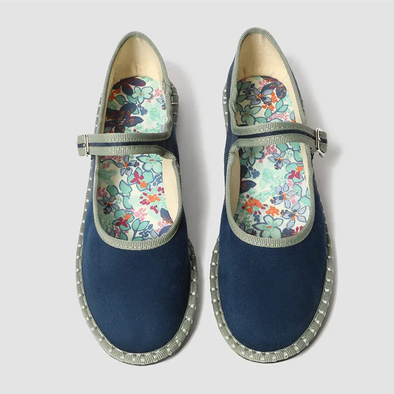 Women's floral-lined Mary Jane flats with buckle strap