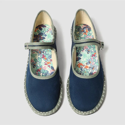 Women's floral-lined Mary Jane flats with buckle strap