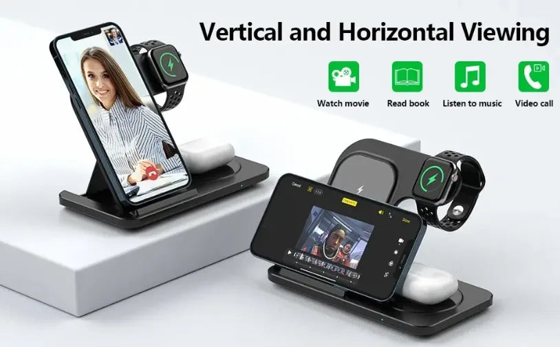 Wireless 3-In-1 Charging Stand with Fast Charge for Smartphone Smartwatch and True Wireless Earbuds