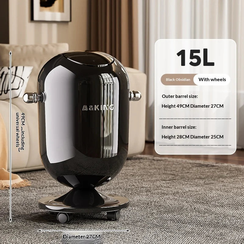 Retro capsule trash can with chrome handles and wheels