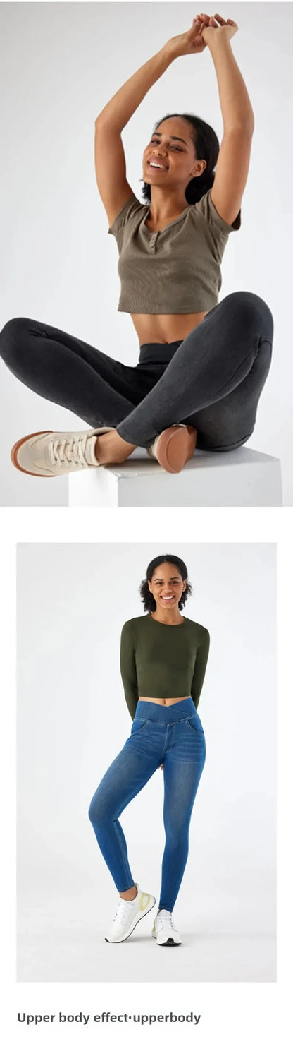 Cross Waist Yoga Jeans High Waist Skinny Ankle Length With Pockets