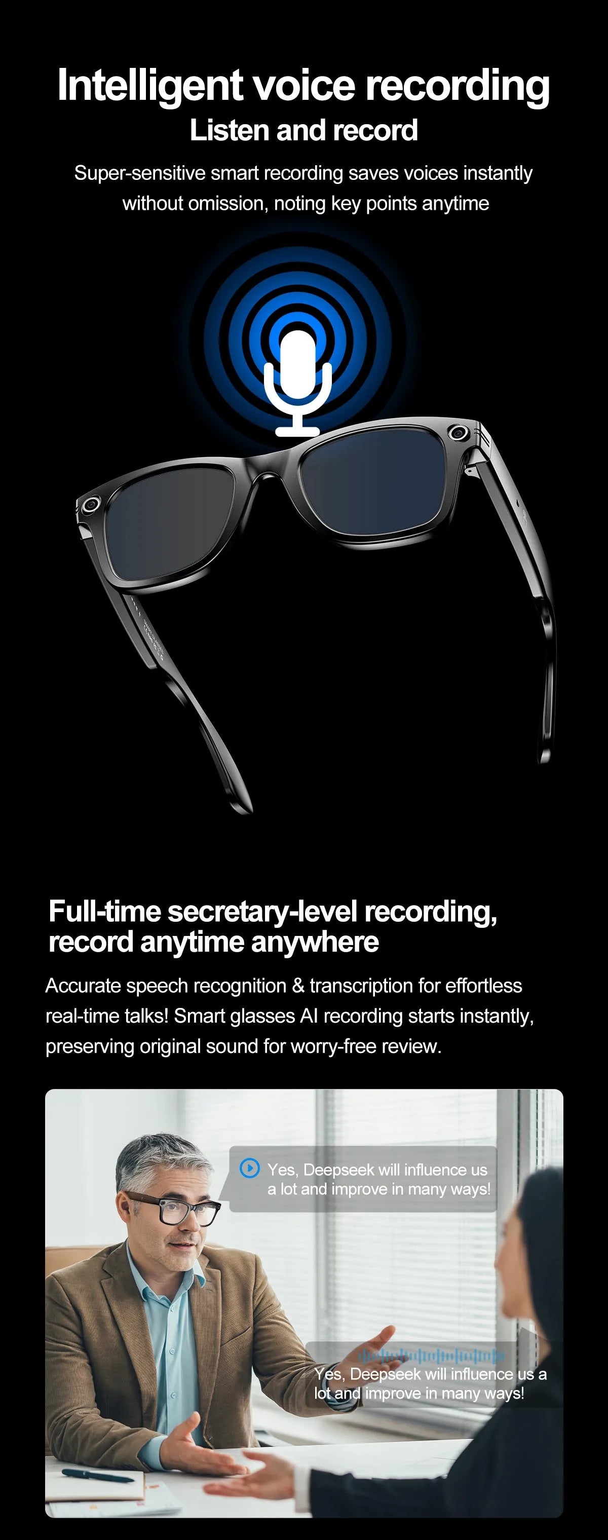 Smart Glasses  Recording Videos AI Photo Recognition Answer Translation 260mAh Large Battery IP65 Waterproof Bluetooth Glasses