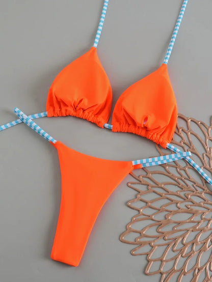 Women's Triangle Lace-Up Bikini Set with Adjustable Straps and Thong Bottom
