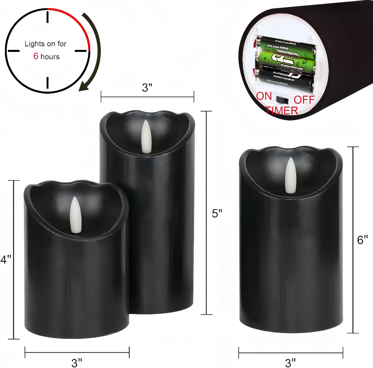 Black Flameless LED Paraffin 3D Wick Pillar Candle Remote Timer