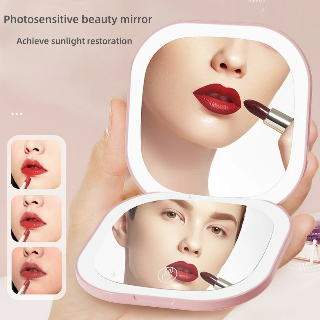 Portable Makeup Mirror with LED Fill Light Pocket Handheld Round Folding USB Charging Adjustable Hairdressing Tri Color Light