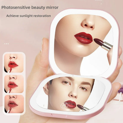 Portable Makeup Mirror with LED Fill Light Pocket Handheld Round Folding USB Charging Adjustable Hairdressing Tri Color Light